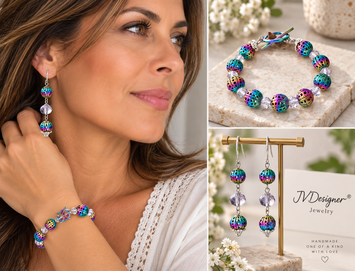 Model wearing the rainbow ion plating jewelry set with lavender glass beads, bracelet and earrings styled