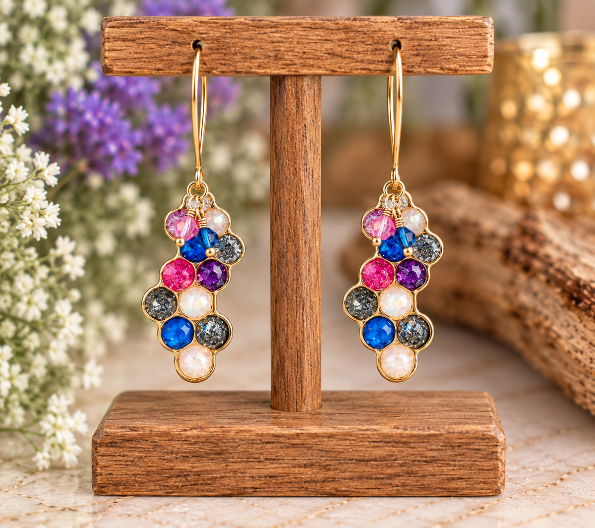 V-shaped resin honeycomb earrings with multicolor crystals on a display stand