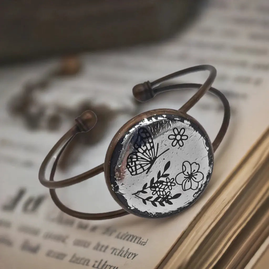 Adjustable Antique Bronze Bracelet - Handmade Resin Foil Rustic Jewelry