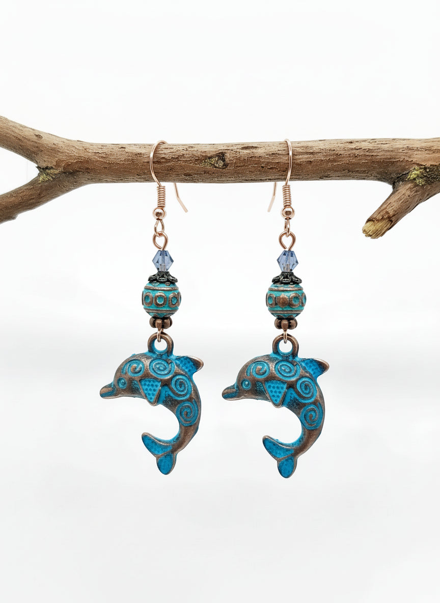 Patina Dolphin Earrings - Ocean-Inspired Verdigris | 2.5 Inches