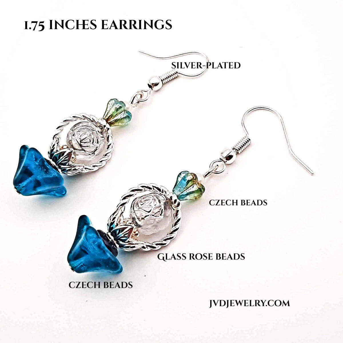 Blue Czech Flower Earrings - Glass Beaded Design | 2 Inches