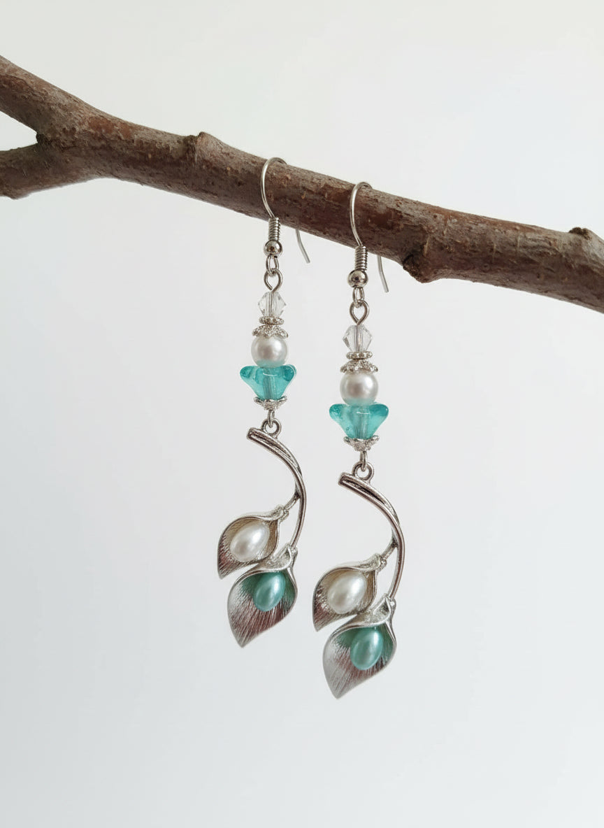 Shiny silvery Cala Lily Czech earrings