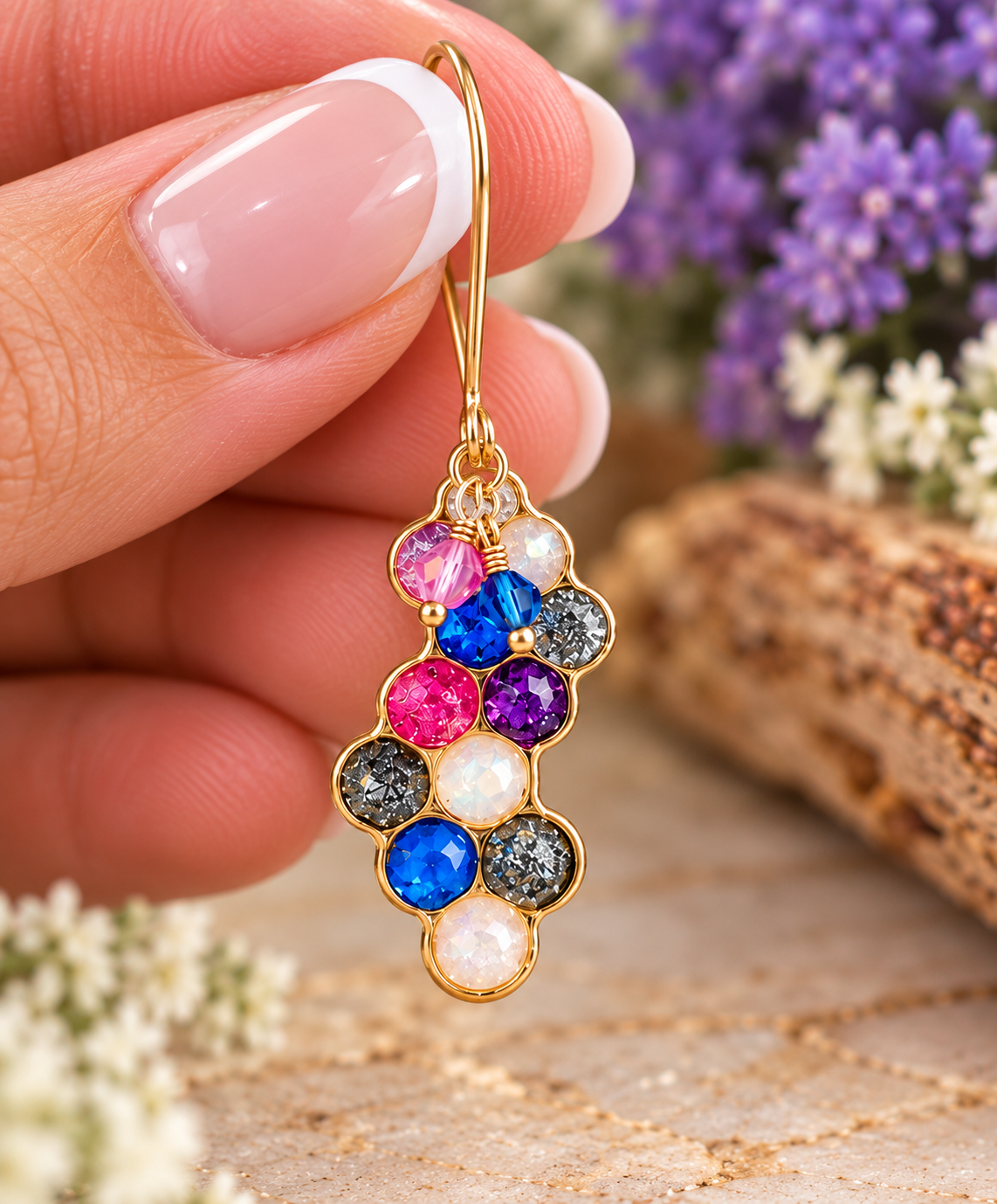 Hand holding a V-shaped resin honeycomb earring with multicolor crystals