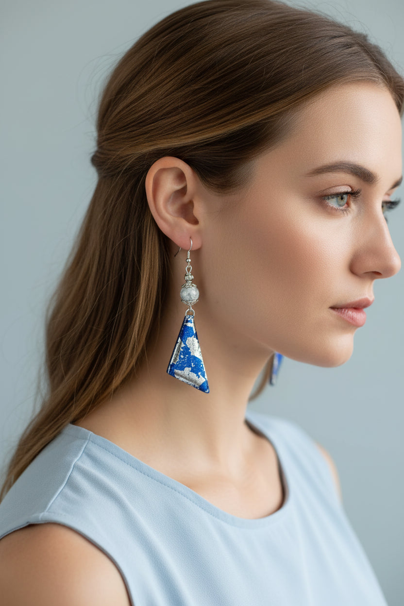 Resincrete Silver Paperfoil blue dangle Earrings 2.75"