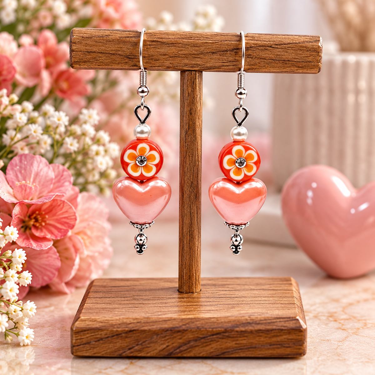 Peach Blossom Heart Earrings with lucite flowers on wooden display stand