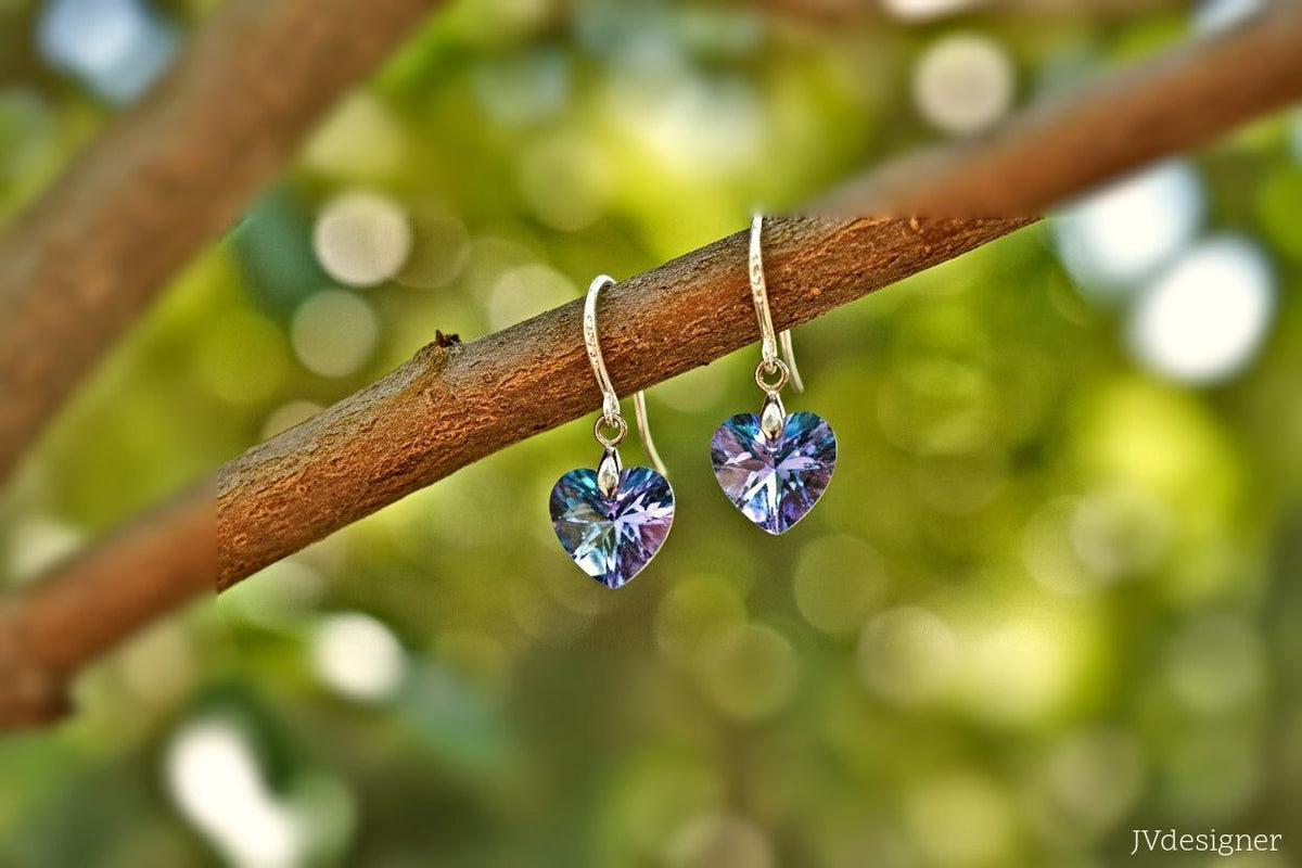 Heart Iridescent Crystal Earrings - Pink Blue Silver Plated Dangle Earrings for Women