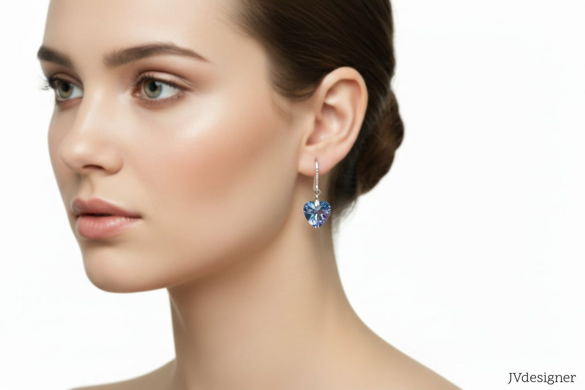 Heart Iridescent Crystal Earrings - Pink Blue Silver Plated Dangle Earrings for Women