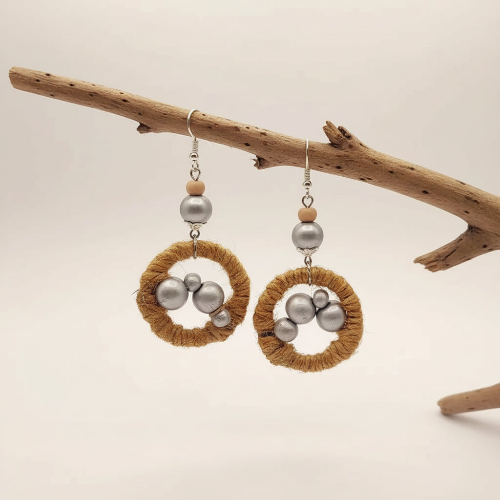 Twine jute wood bead Earrings 2.75 inches