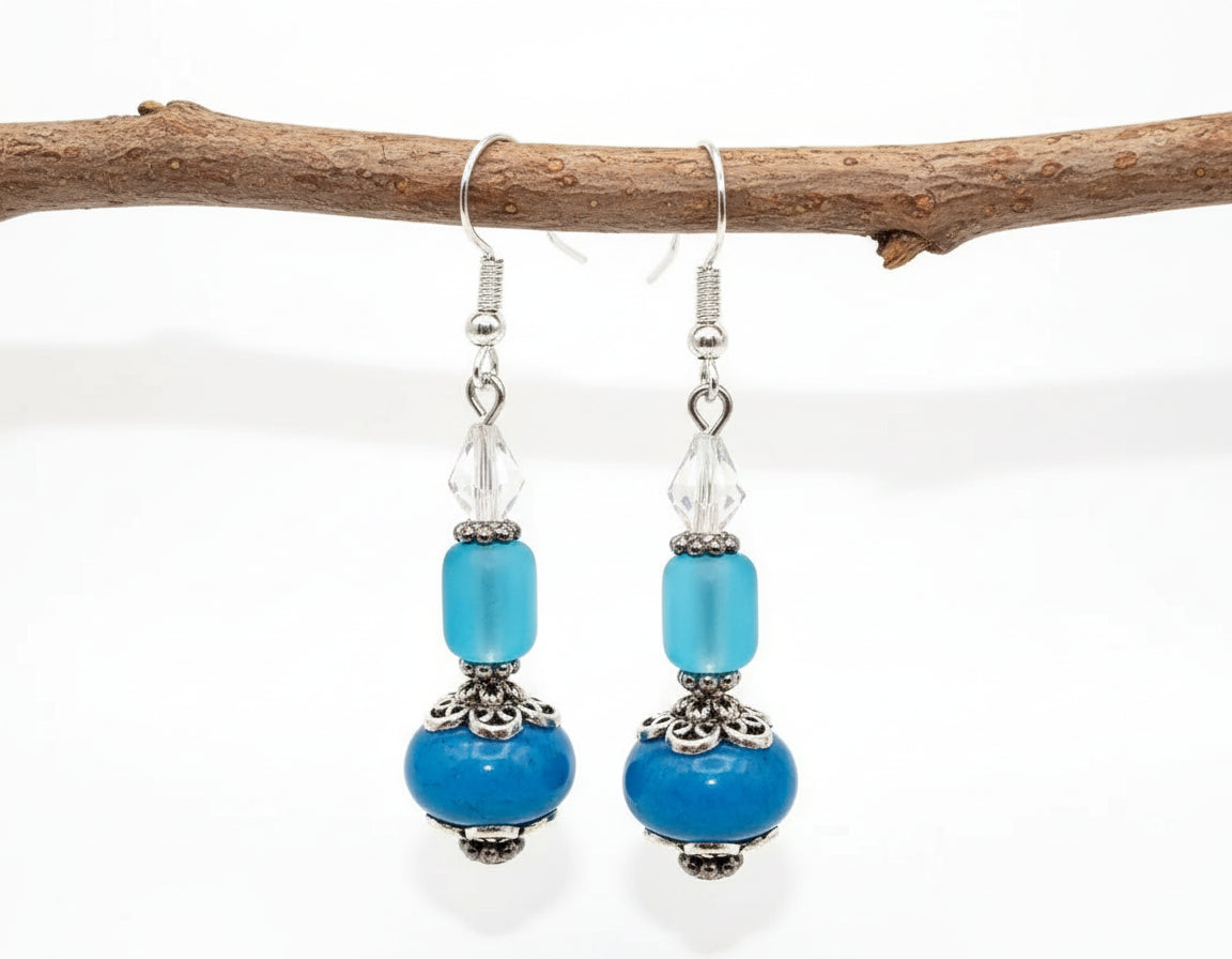 Blue Artistic Lampwork Earrings - Handcrafted Glass Beads | 2.5 Inches
