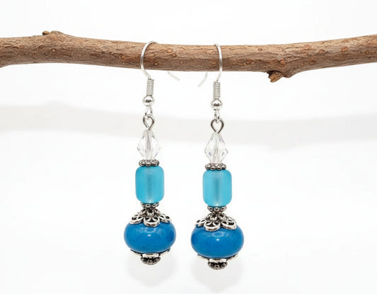 Blue Artistic Lampwork Earrings - Handcrafted Glass Beads | 2.5 Inches