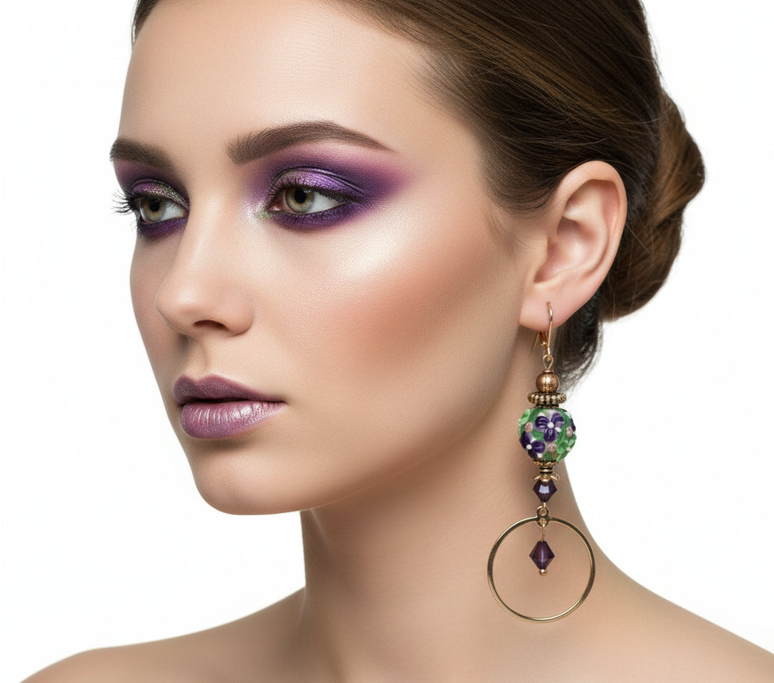 Lampwork Flower Earrings - Handcrafted Purple Pink Green | 3 Inches