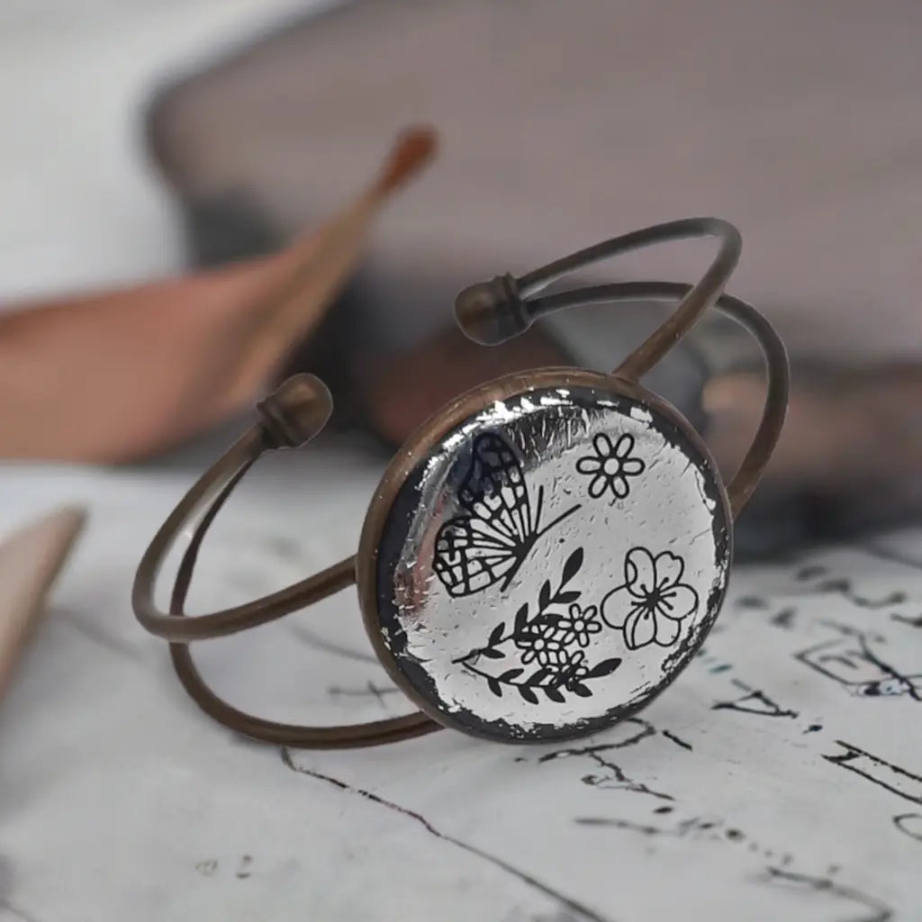 Adjustable Antique Bronze Bracelet - Handmade Resin Foil Rustic Jewelry