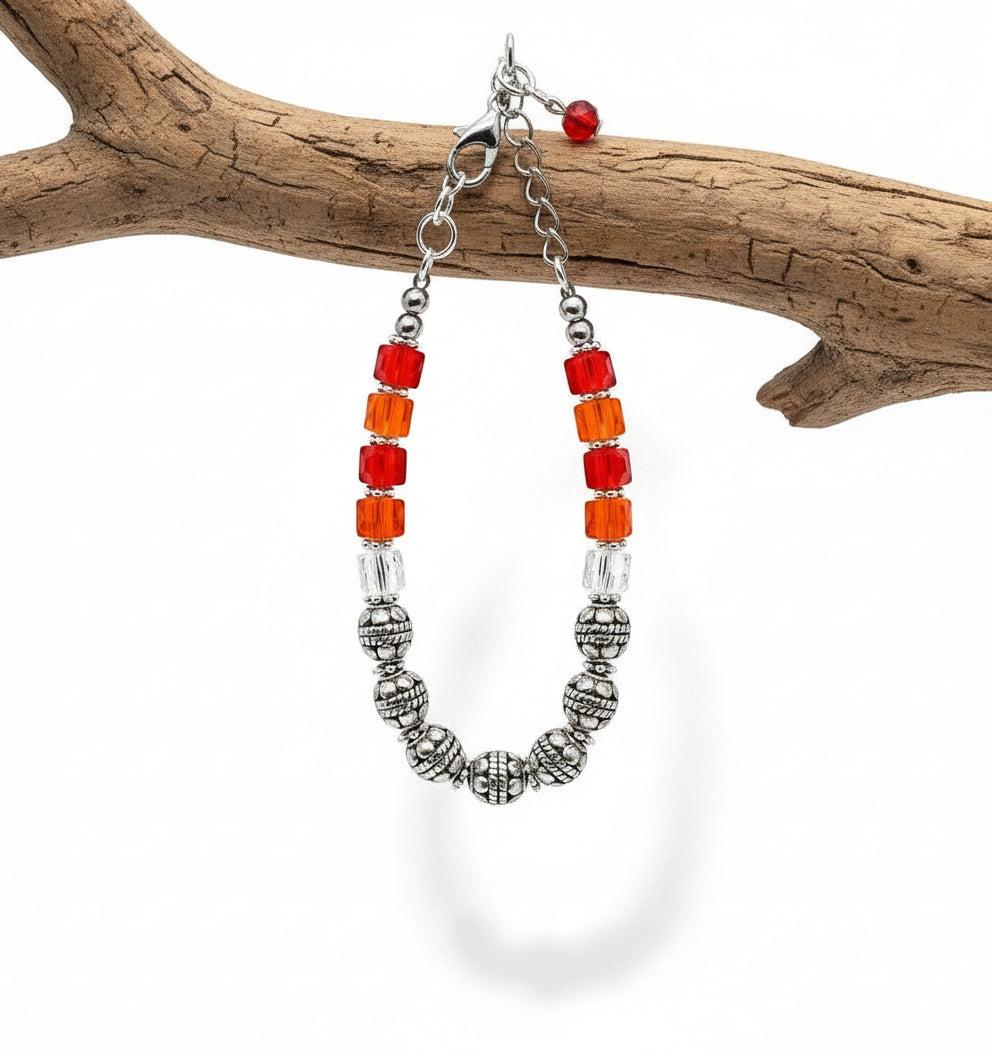Vibrant Red & Orange Beaded Stretch Bracelet with Silver Accents