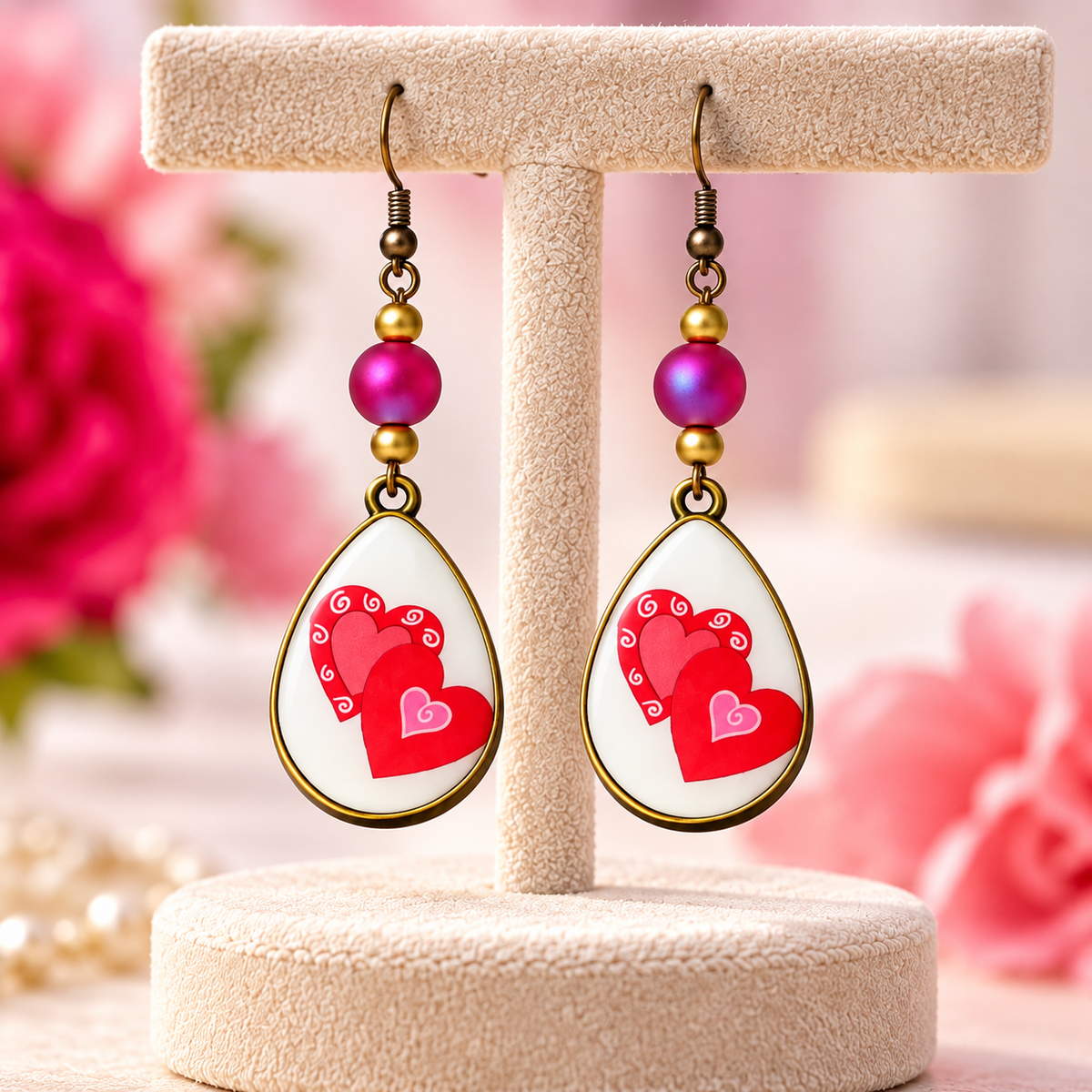 Antique bronze heart earrings with glass beads on a display stand