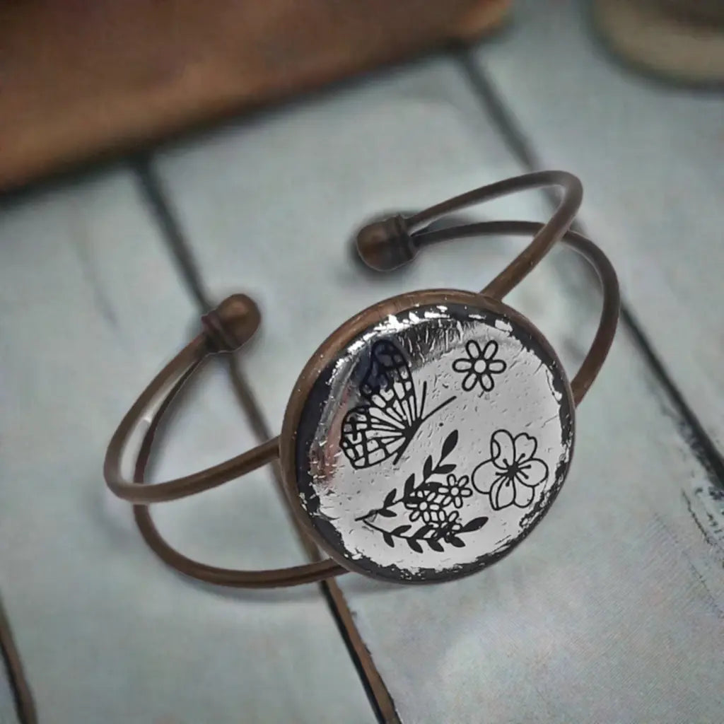 Adjustable Antique Bronze Bracelet - Handmade Resin Foil Rustic Jewelry