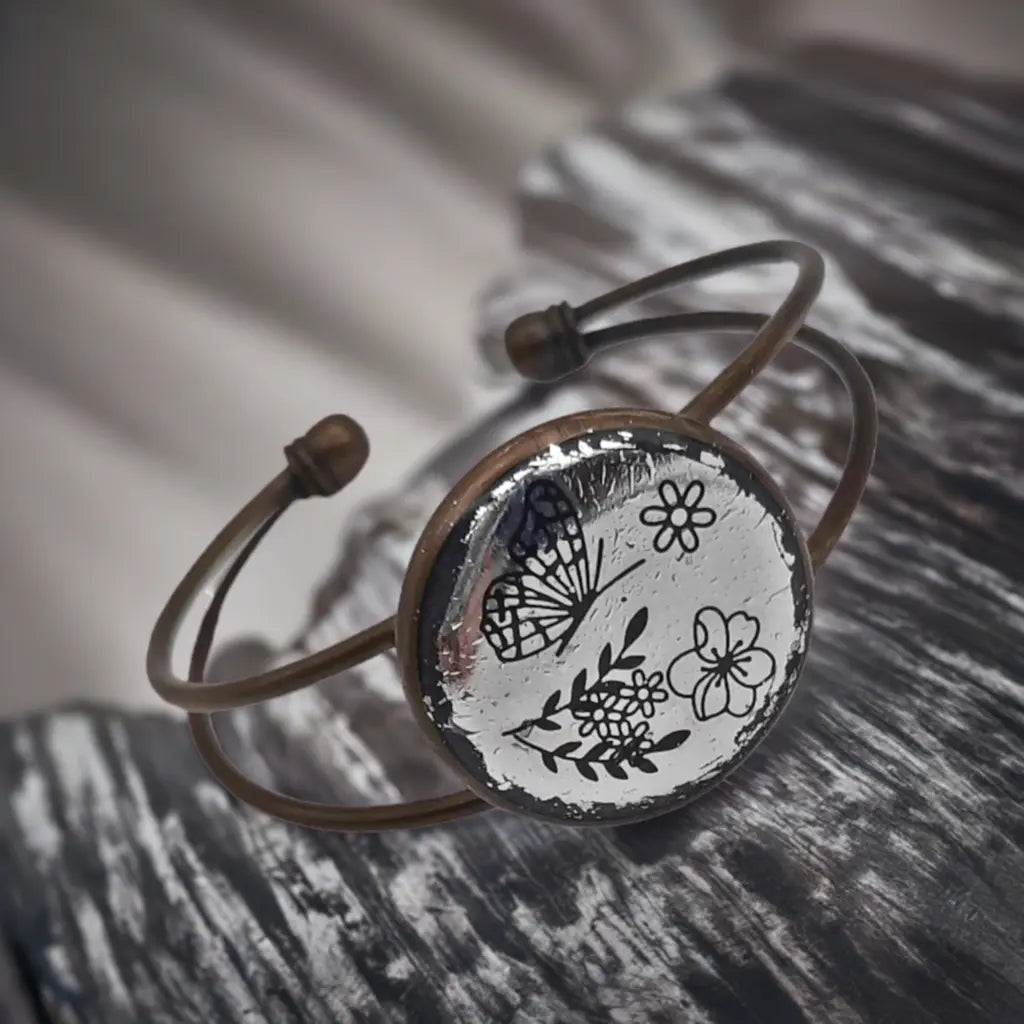Adjustable Antique Bronze Bracelet - Handmade Resin Foil Rustic Jewelry