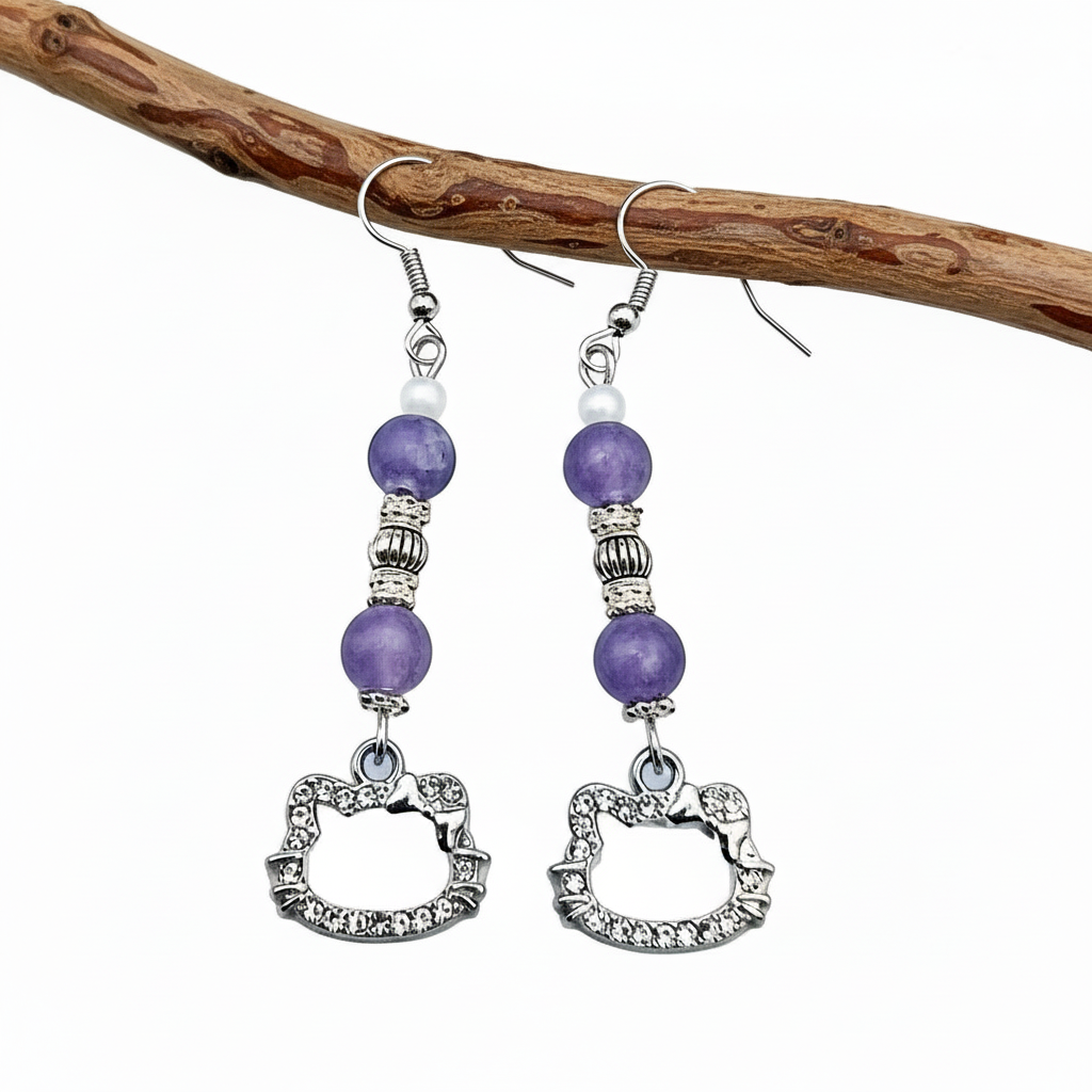 Cat Charm Earrings - Purple Gemstone Silver Plated Dangle Earrings
