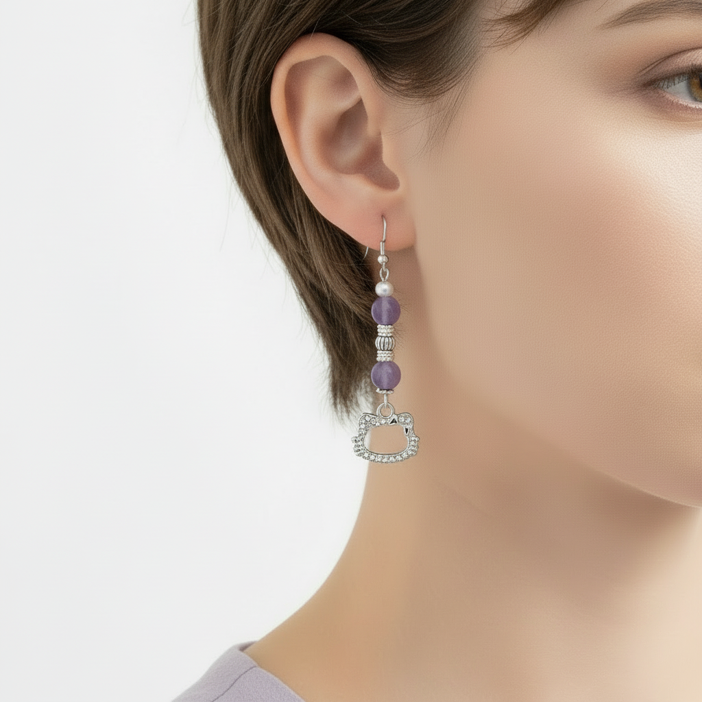 Cat Charm Earrings - Purple Gemstone Silver Plated Dangle Earrings