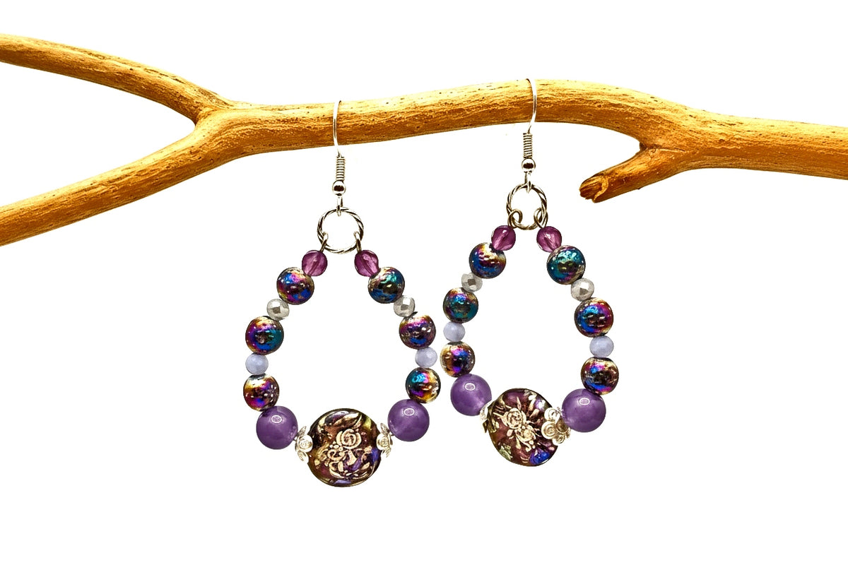 Purple Hoop Earrings Lampwork Cat Eye Beads | Silver Plated 2.5" | Handmade Jewelry
