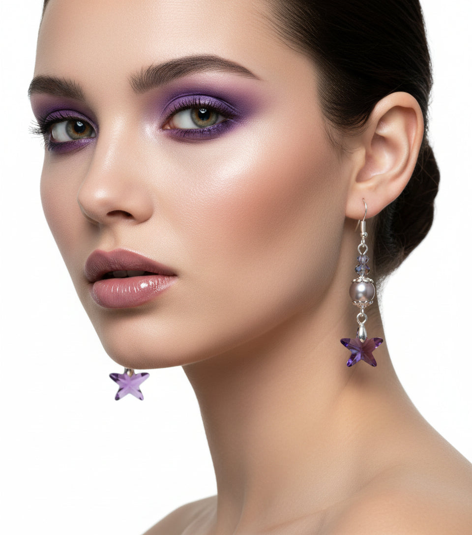 Crystal Star Earrings - Lavender Glass Pearls | 2.5 Inches