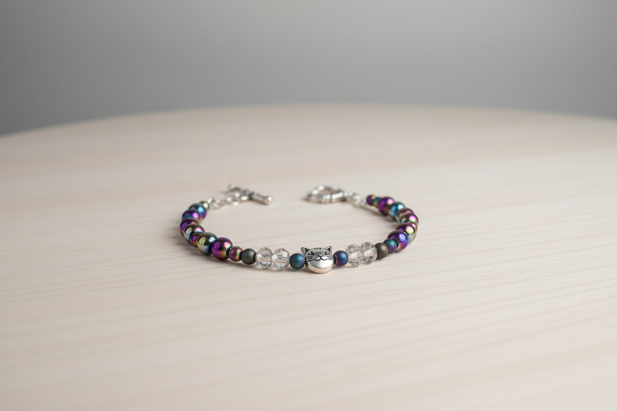 Silver cat wire wrapped hematite bracelet