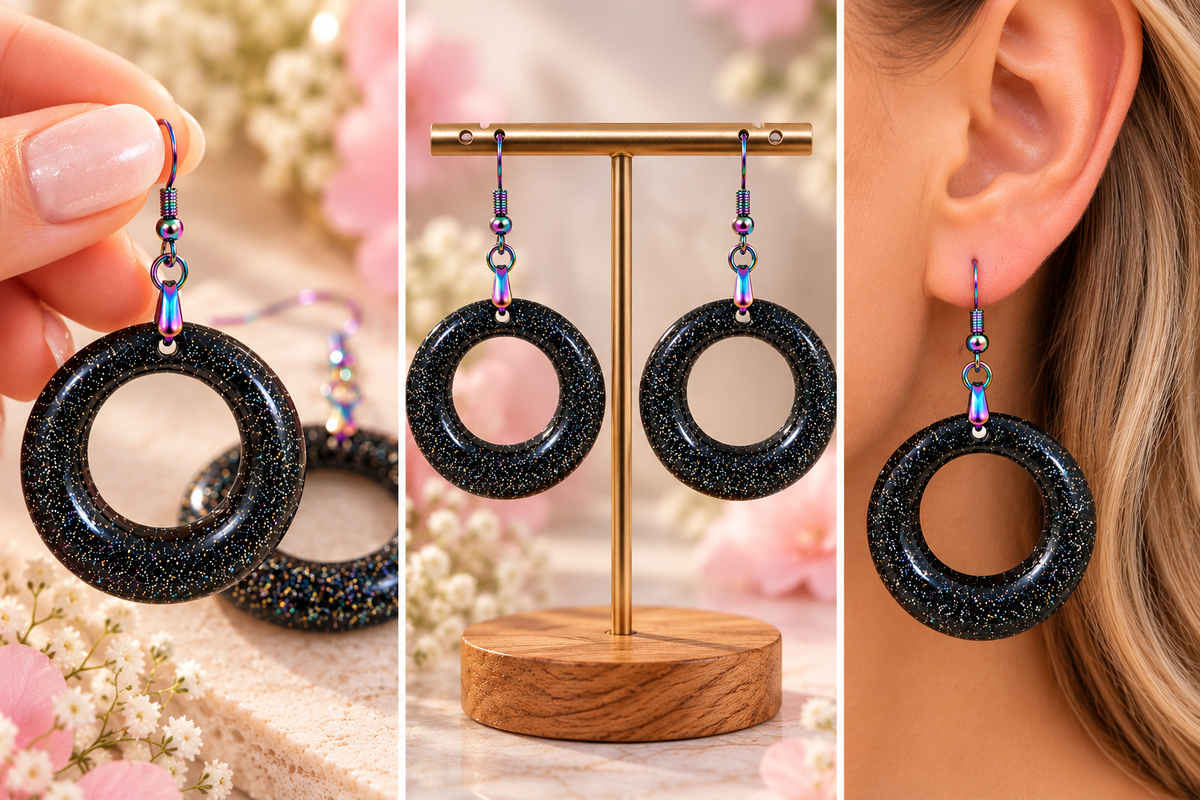 Black resin hoop earrings with glitter — hand-held, display stand, and worn views