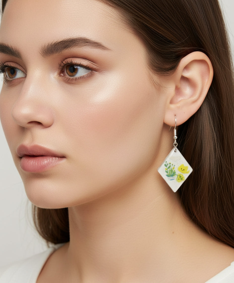 Resincrete white motif spring cat Earrings 2.25inches Easter