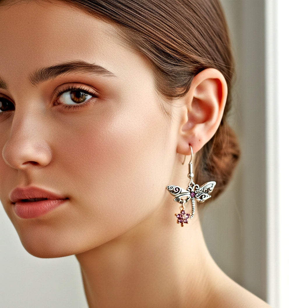 Short 1.5-inch silver dragonfly earrings