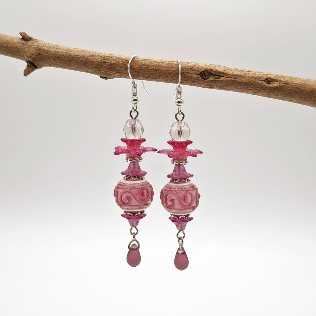 Pink Lampwork Drop Earrings - Handcrafted Glass Beads | 2.75 Inches