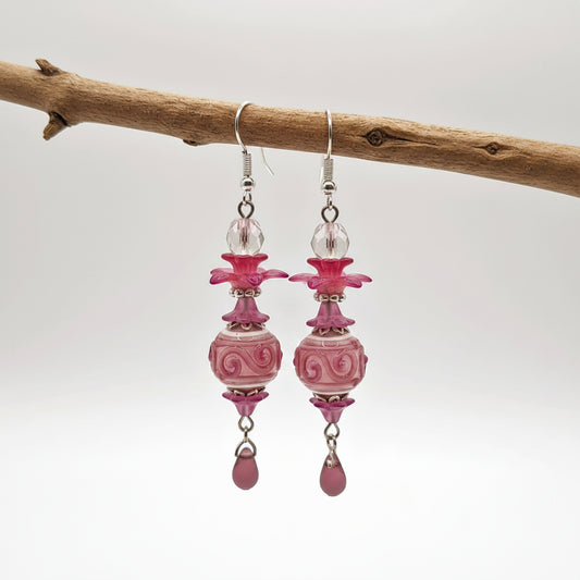 Pink Lampwork Drop Earrings - Handcrafted Glass Beads | 2.75 Inches