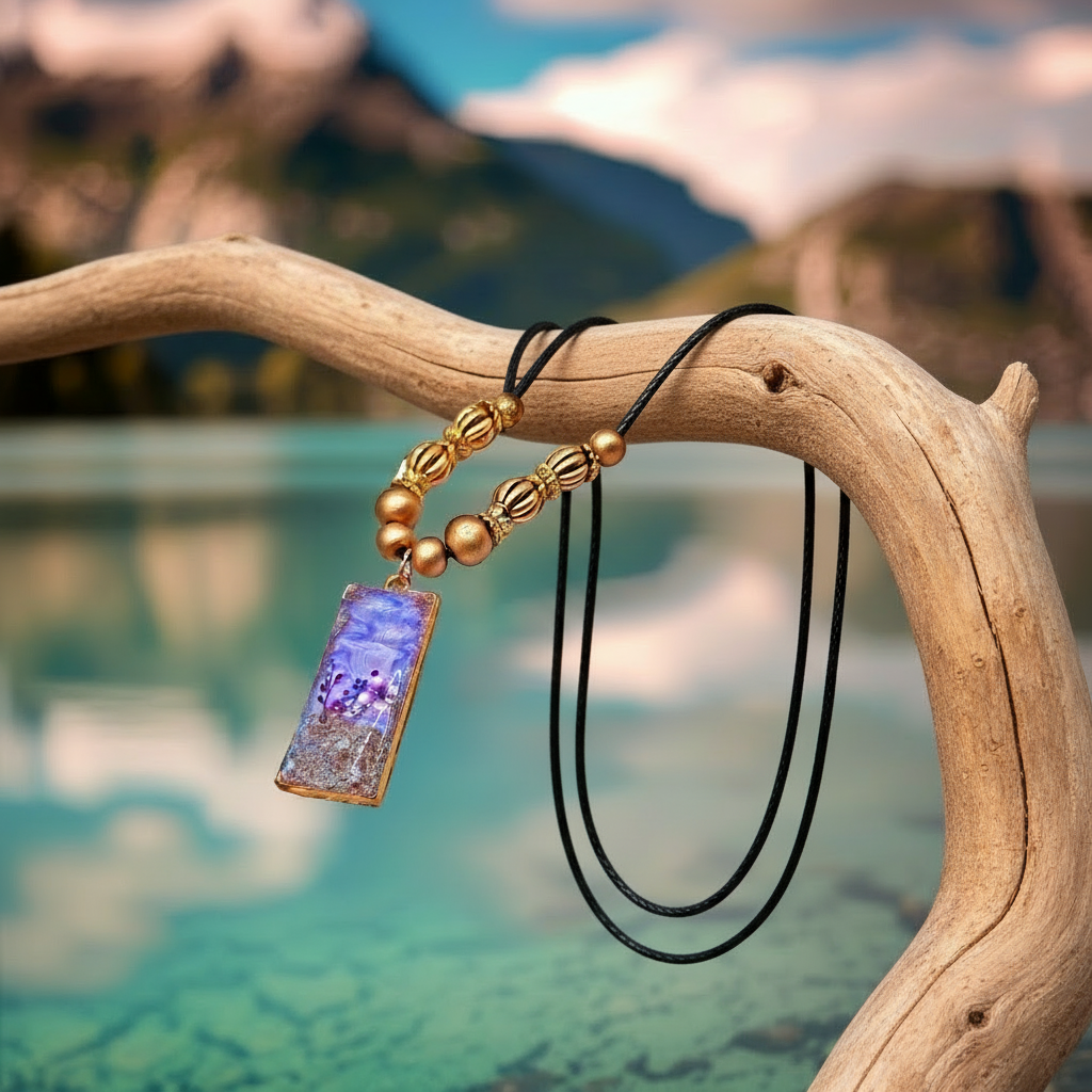 Handcrafted Resin pendant Necklace with black cord and gold beads Accessories