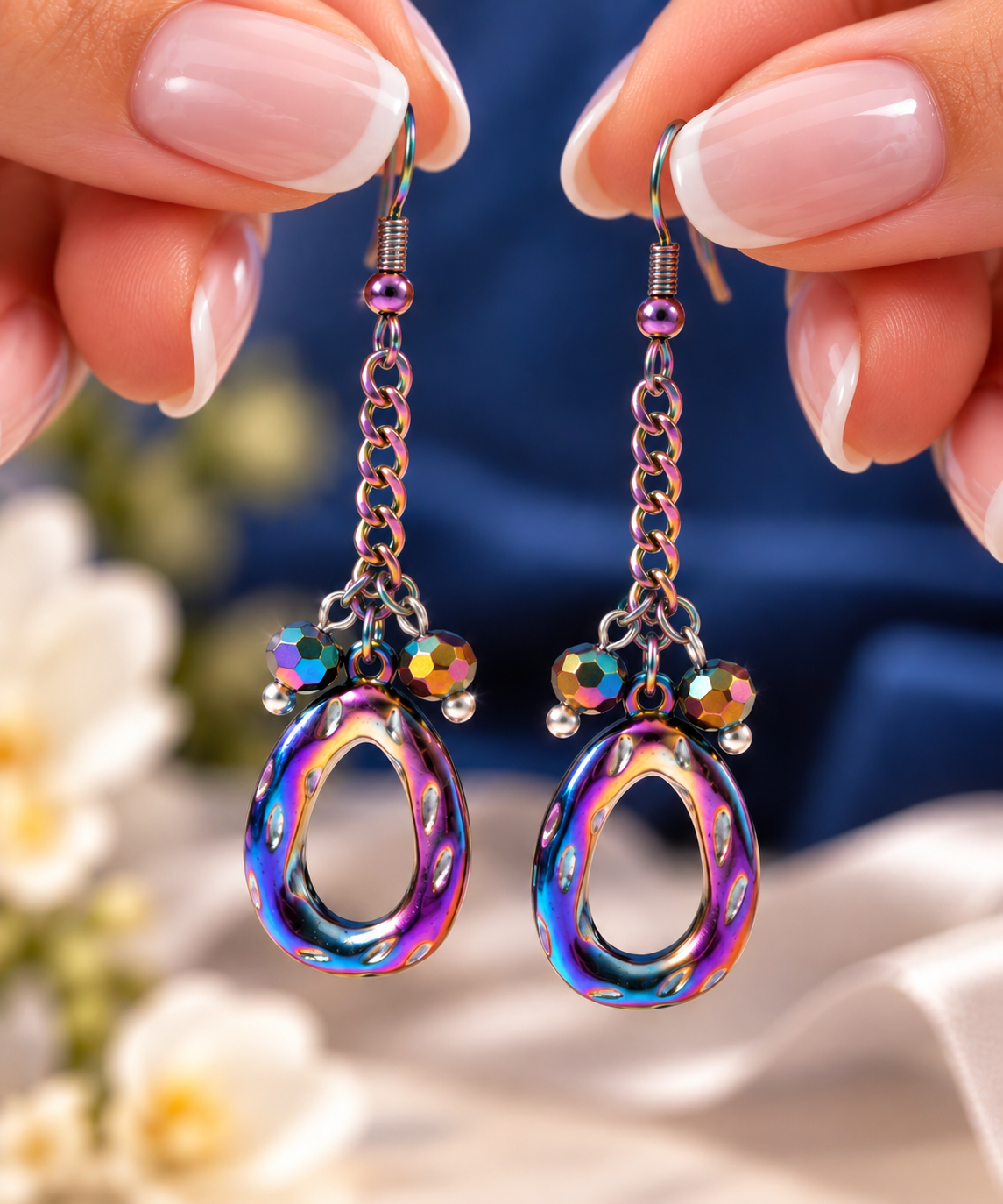 Hand holding rainbow chain oval dangle earrings with iridescent crystal beads