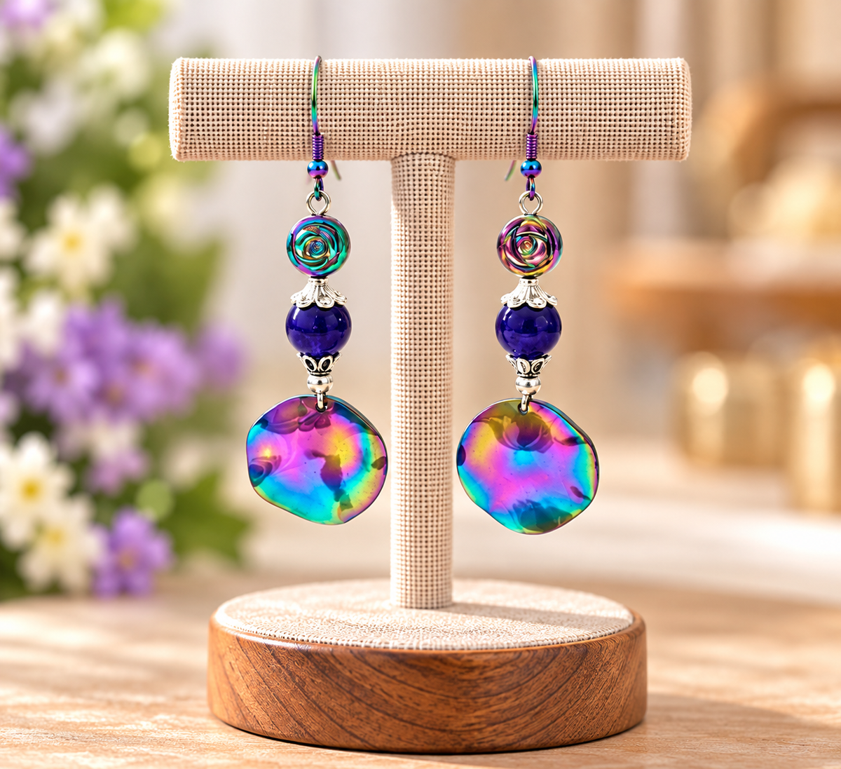 Rainbow ion plating dangle earrings with rose bead and iridescent disc on a display stand