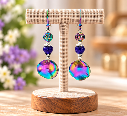 Rainbow ion plating dangle earrings with rose bead and iridescent disc on a display stand
