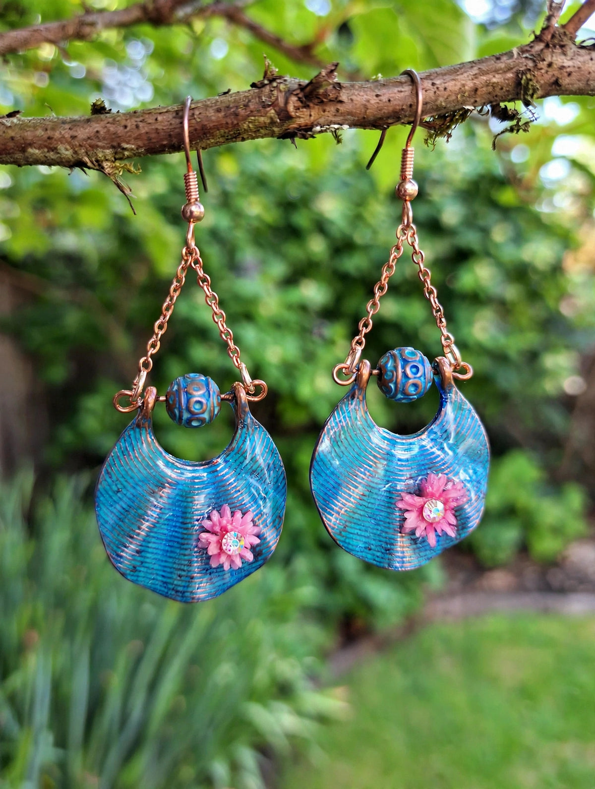 Blue Patina Resin Crescent Dangle Earrings with Dried Flowers — Rose Gold
