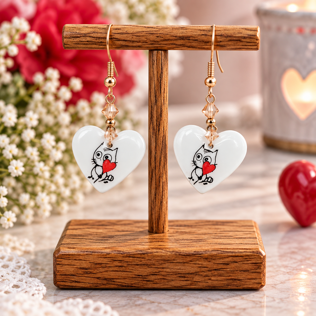 White resincrete heart kitty cat earrings with red hearts on wooden display stand