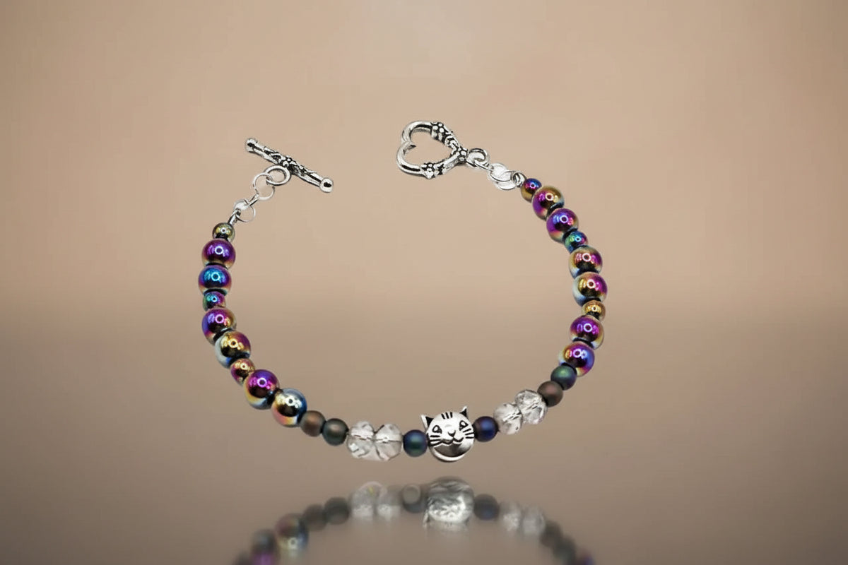 Silver cat wire wrapped hematite bracelet