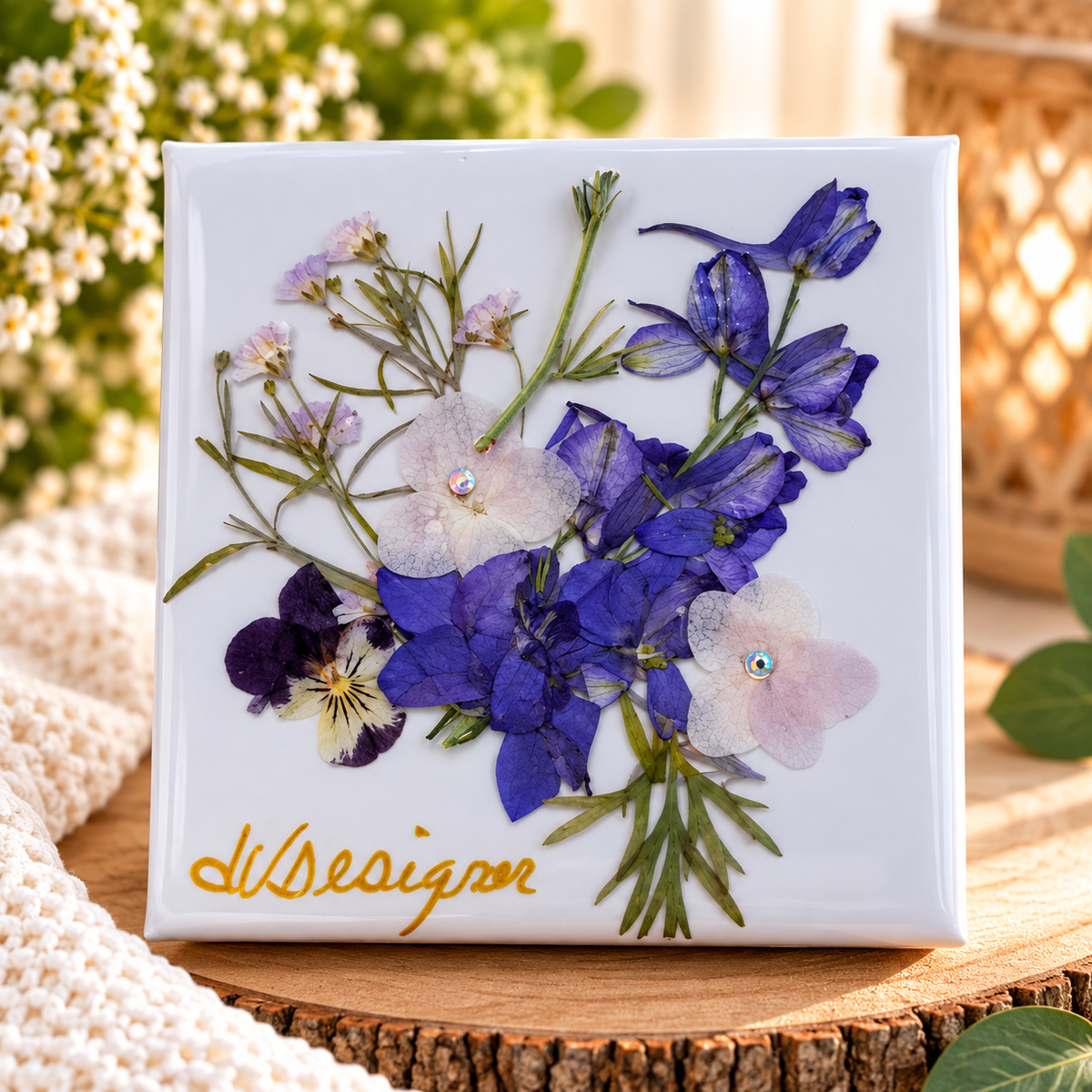 Handmade blue and purple dried flower gift box