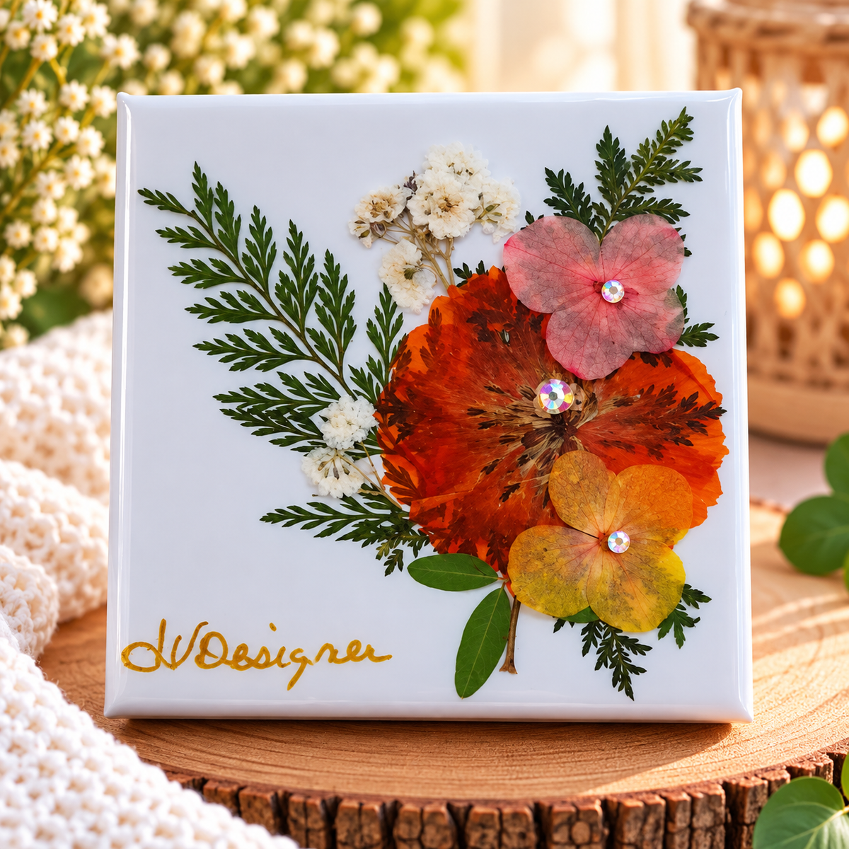 Handmade orange and red dried flower gift box