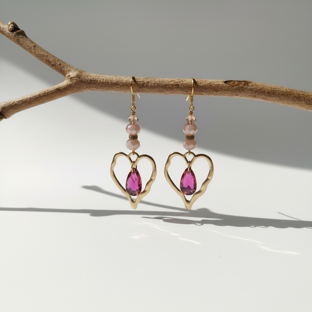 Gold Heart Crystal Drop Earrings | 14K Gold Hooks | Handmade Jewelry