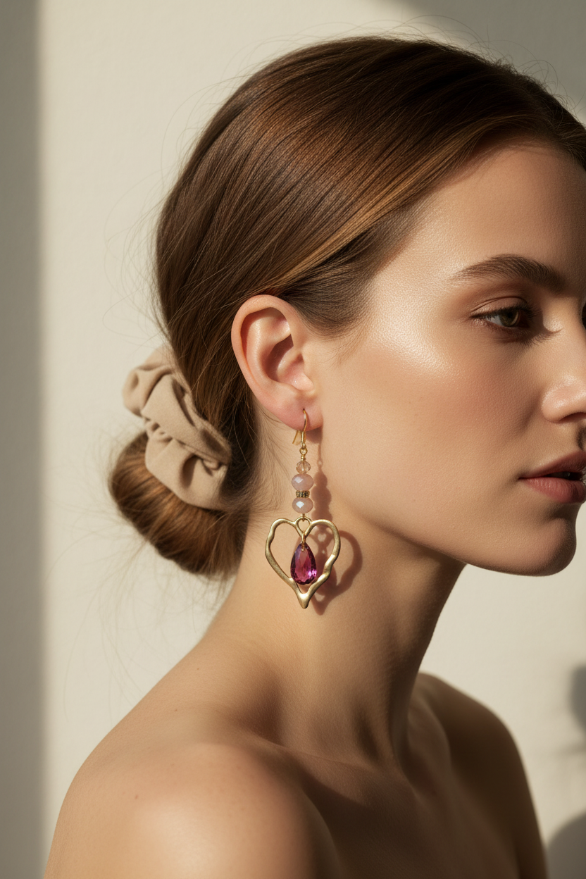 Heart-shaped earrings with pink gemstones hanging on a branch