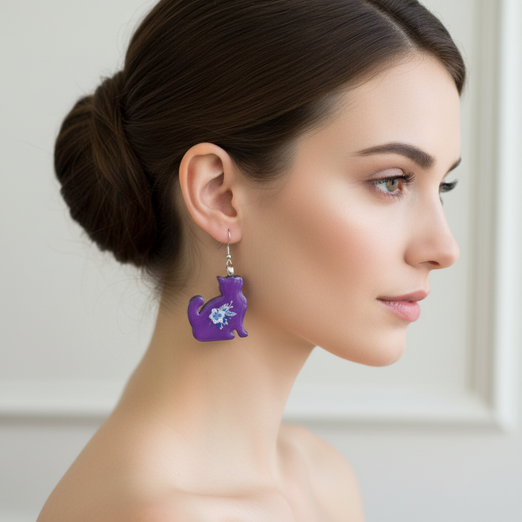 Resincrete Cat Earrings purple iridescent white flowers 2"x1"