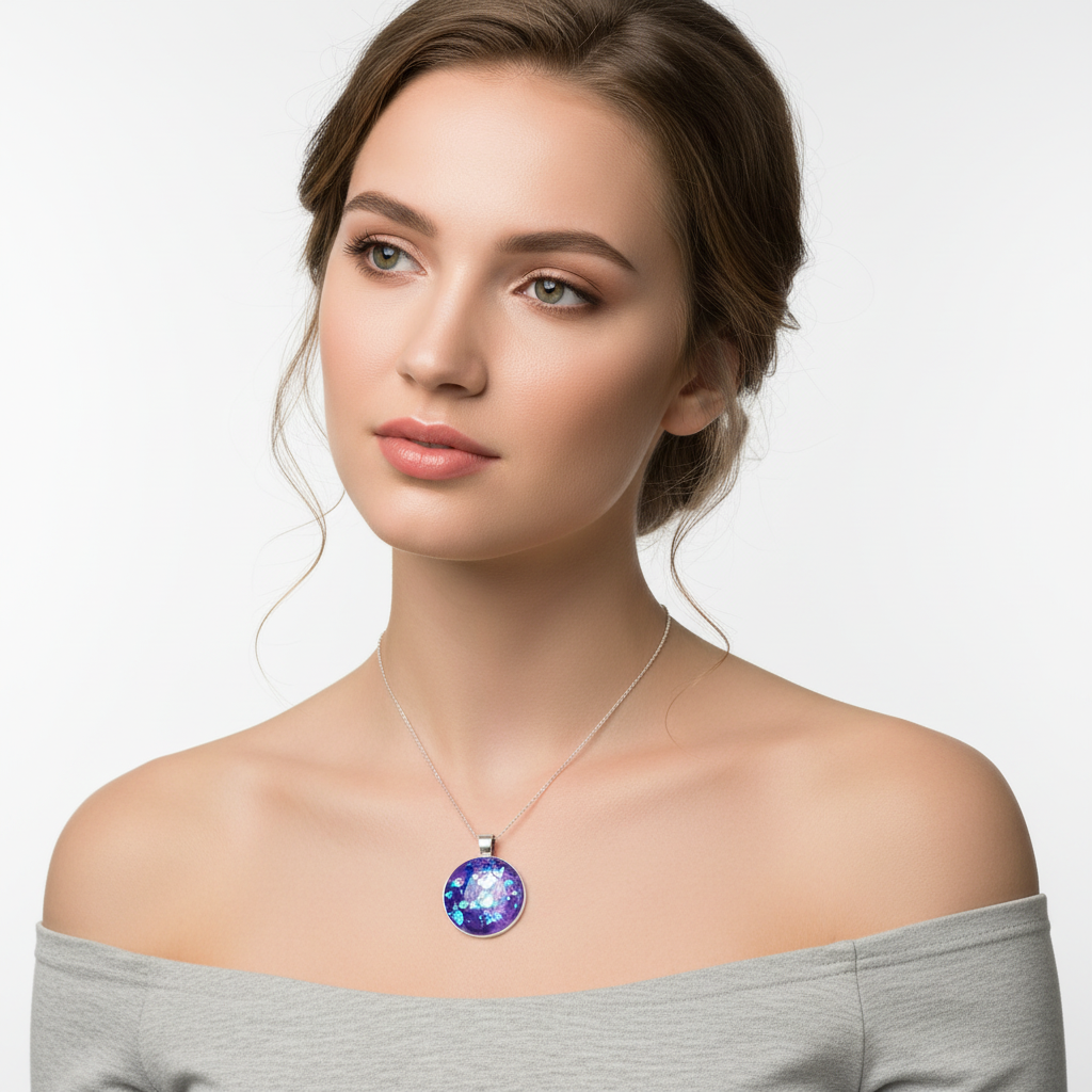 Round Silver Frame Resin Art Necklace