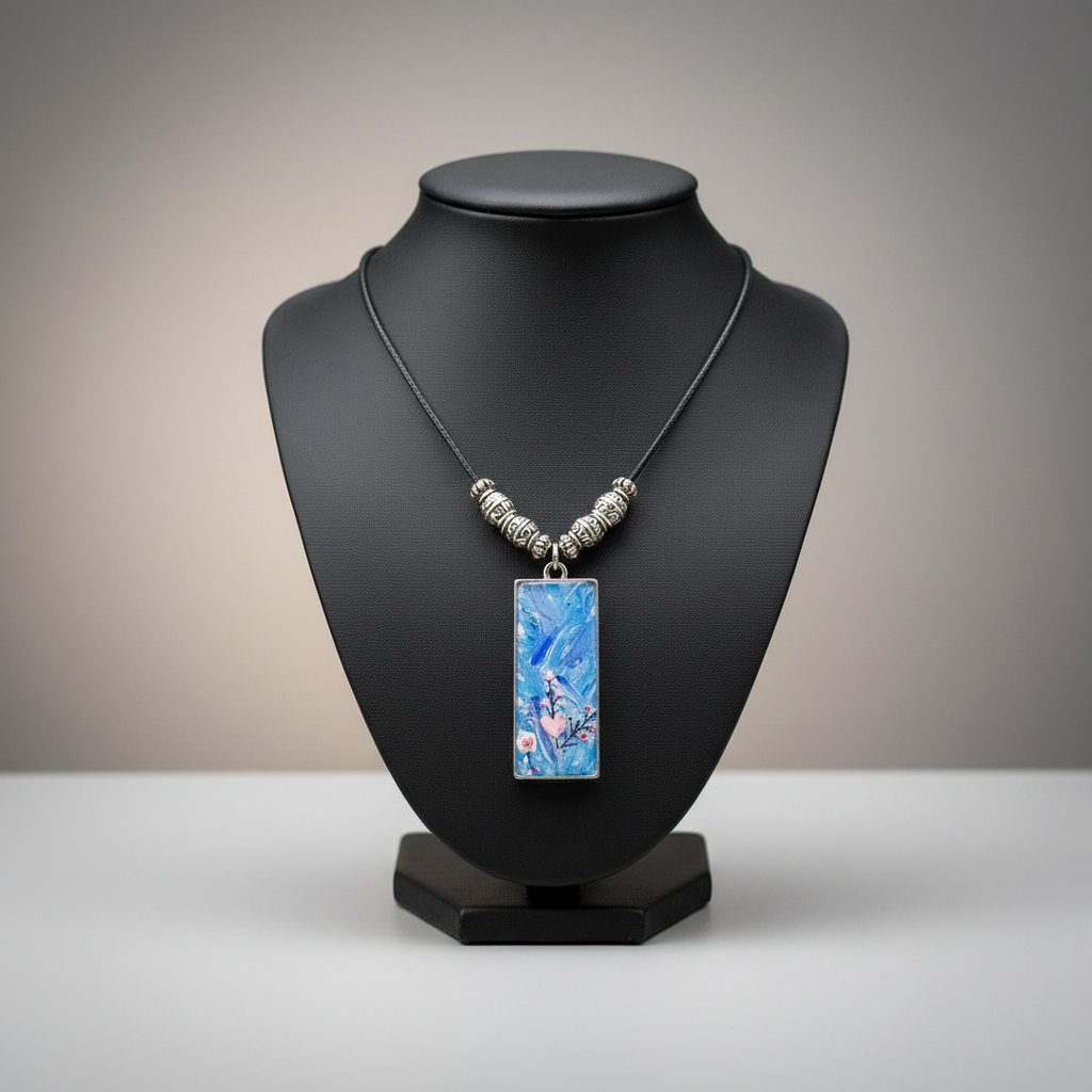 Handpainted Pendant with stickers 1.5" x 0.75" blue pink resincrete Necklace