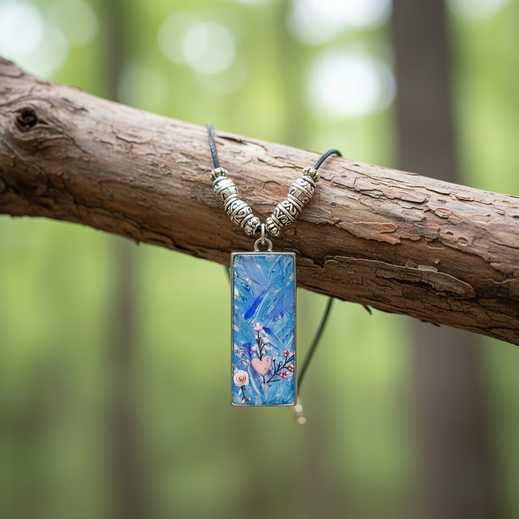 Handpainted Pendant with stickers 1.5" x 0.75" blue pink resincrete Necklace