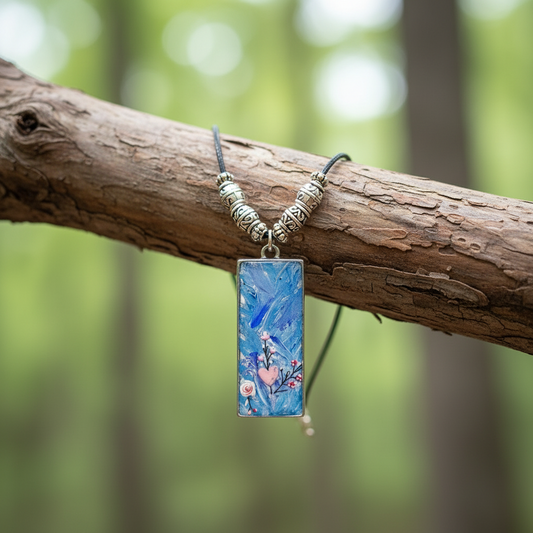 Handpainted Pendant with stickers 1.5" x 0.75" blue pink resincrete Necklace