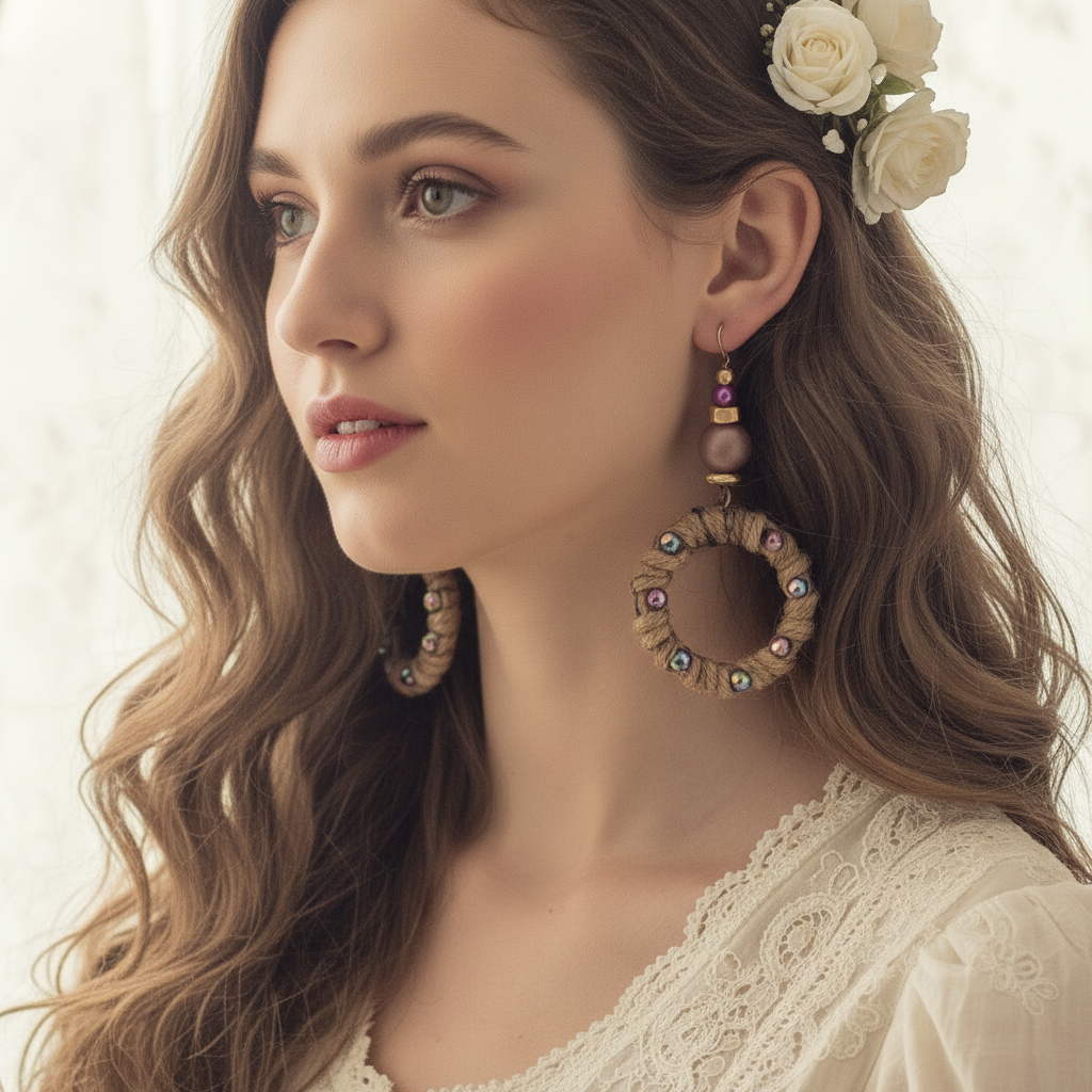 Bohemian Style Hematite, Jute & Wood Bead Round Dangle Earrings, 2.75" Drop, Handmade Jewelry