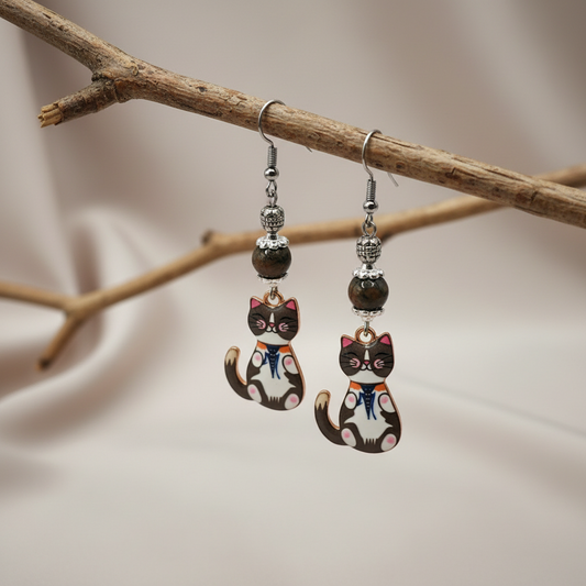 Playful Enamel Cat Drop Earrings with Colorful Stone Beads