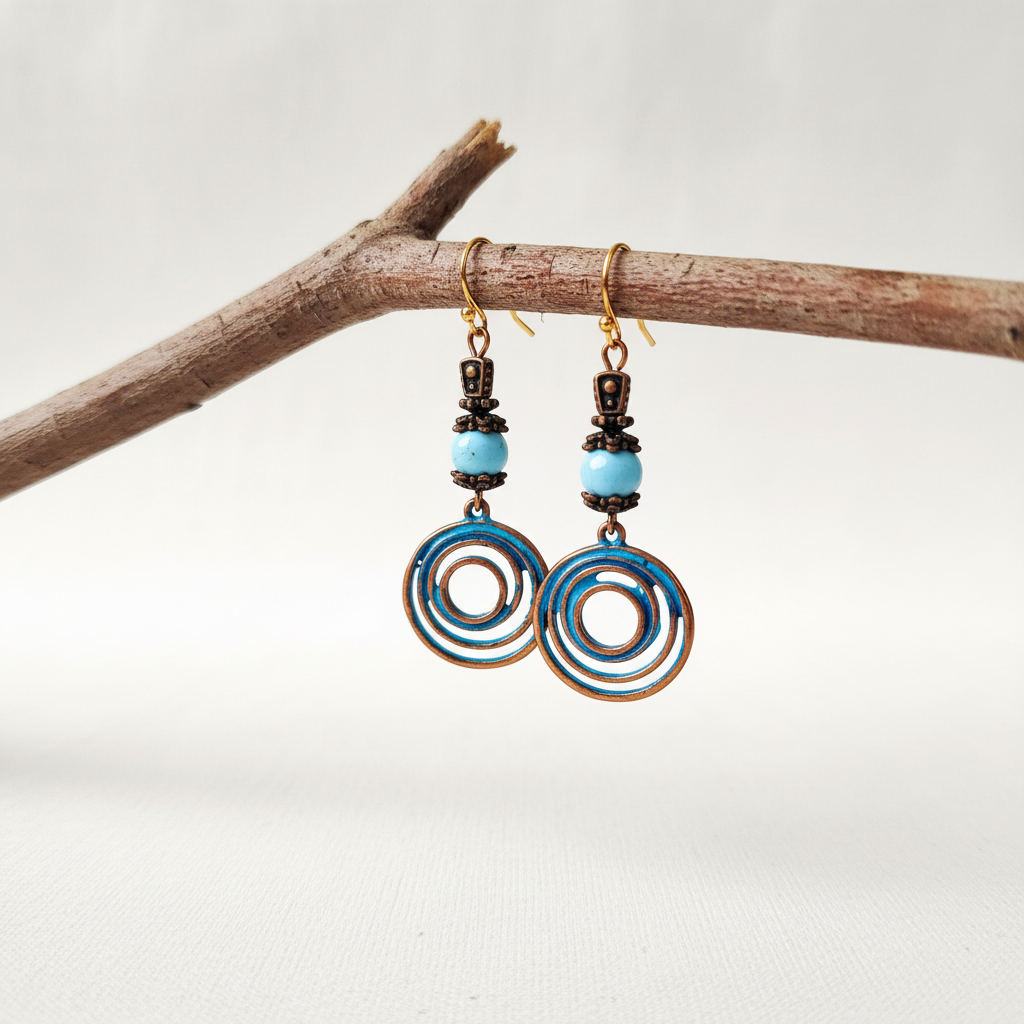 Patina Swirl wood bead 2inches Earrings