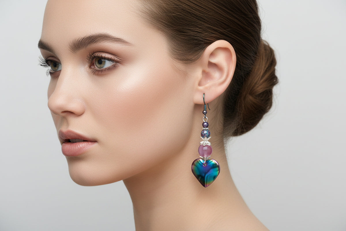 Rainbow Stainless Steel Heart Earrings - Handmade Lava Bead Dangle Earrings 2.5"
